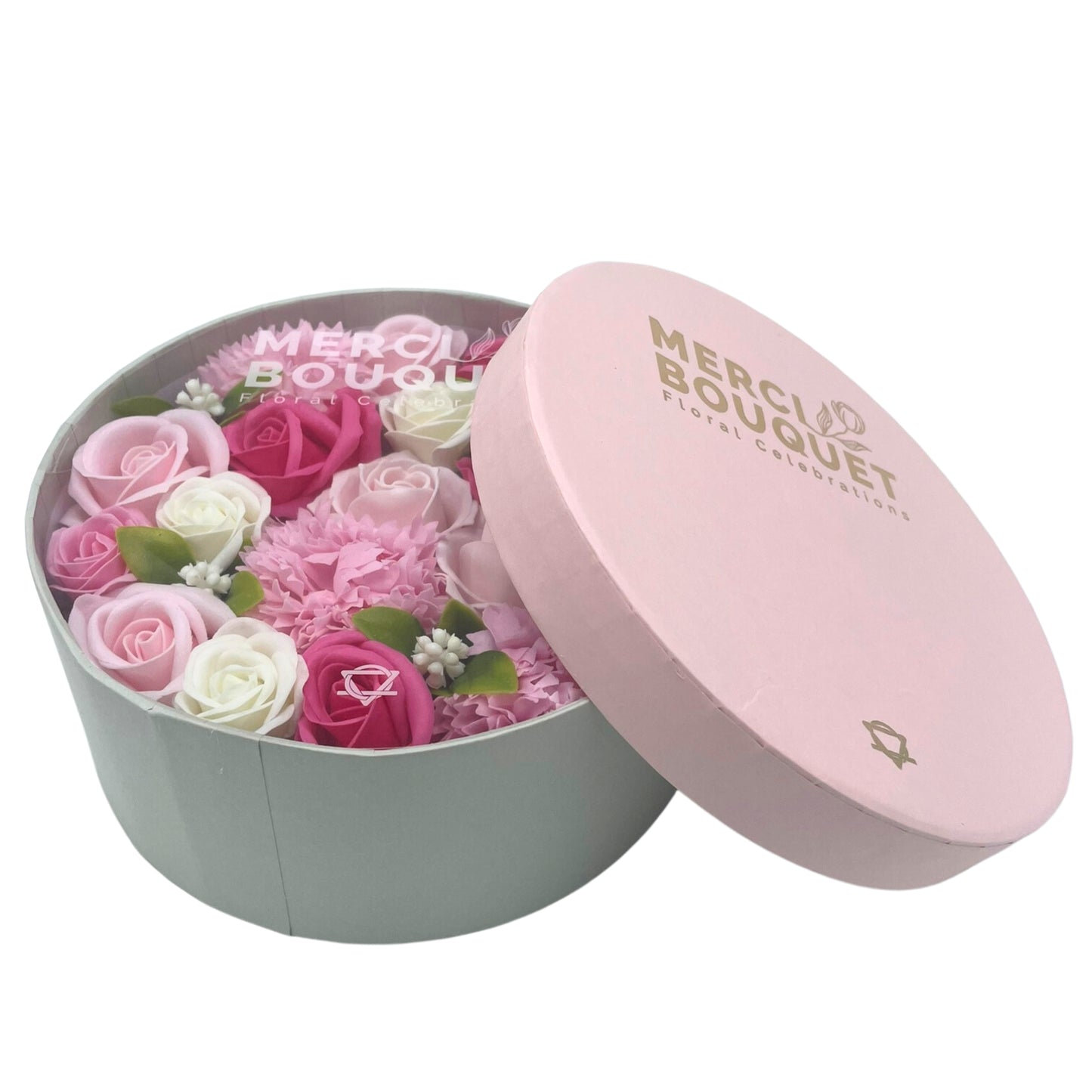 CAJA REDONDA DE FLORESROSAS DE JABÓN RAMO DE FLORES EN ESTUCHE DE REGALO