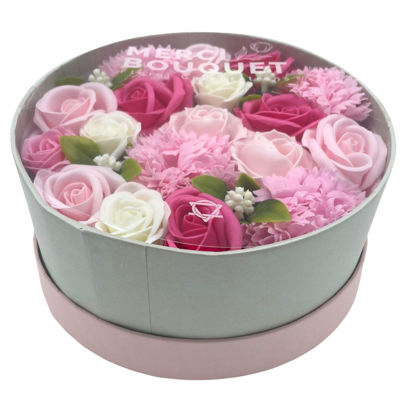 CAJA REDONDA DE BELLAS FLORES ROSAS DE JABÓN RAMO DE FLORES EN ESTUCHE DE REGALO
