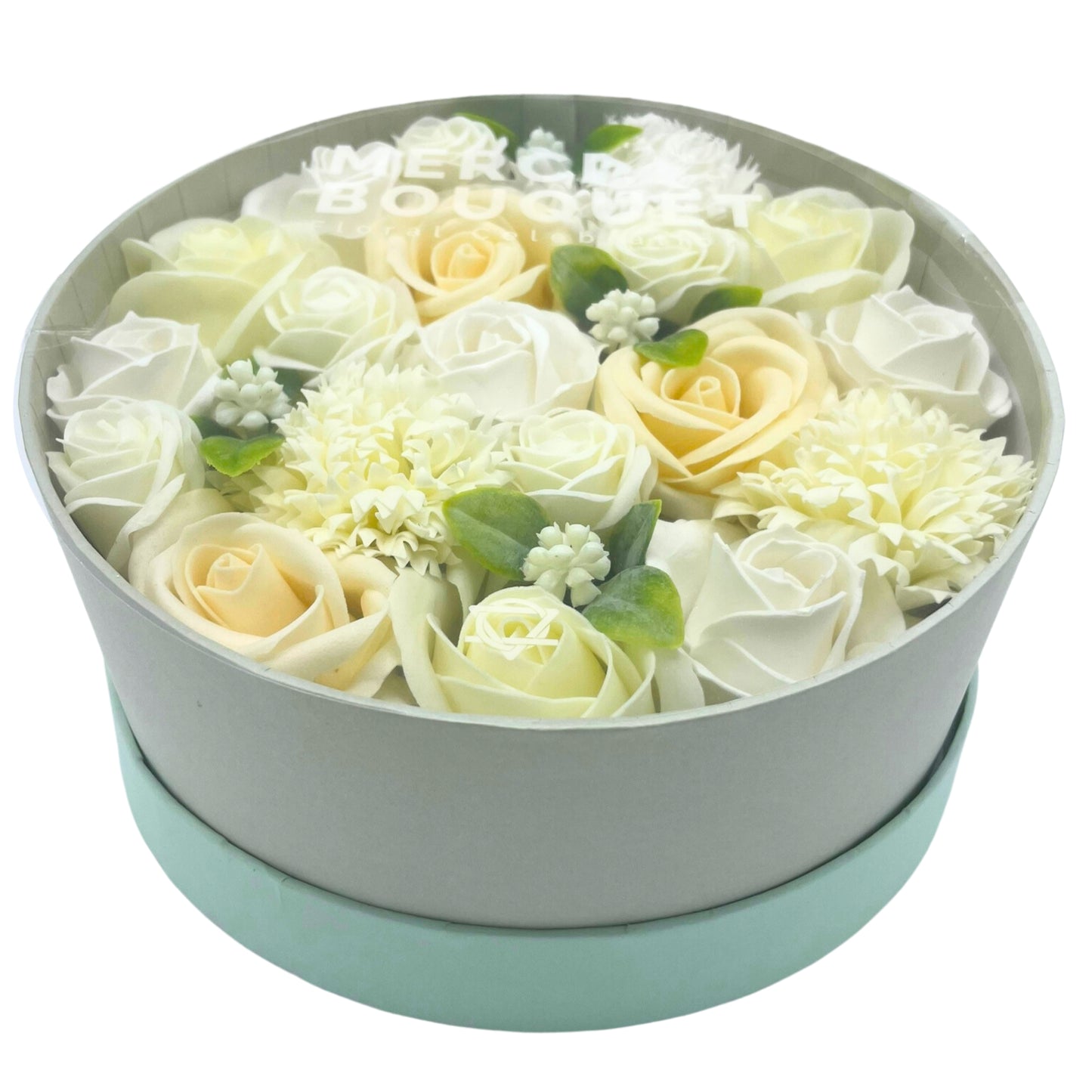 FLORES DE JABÓN BENDICIONES DE BODA - CAJA REDONDA BLANCO Y MARFIL