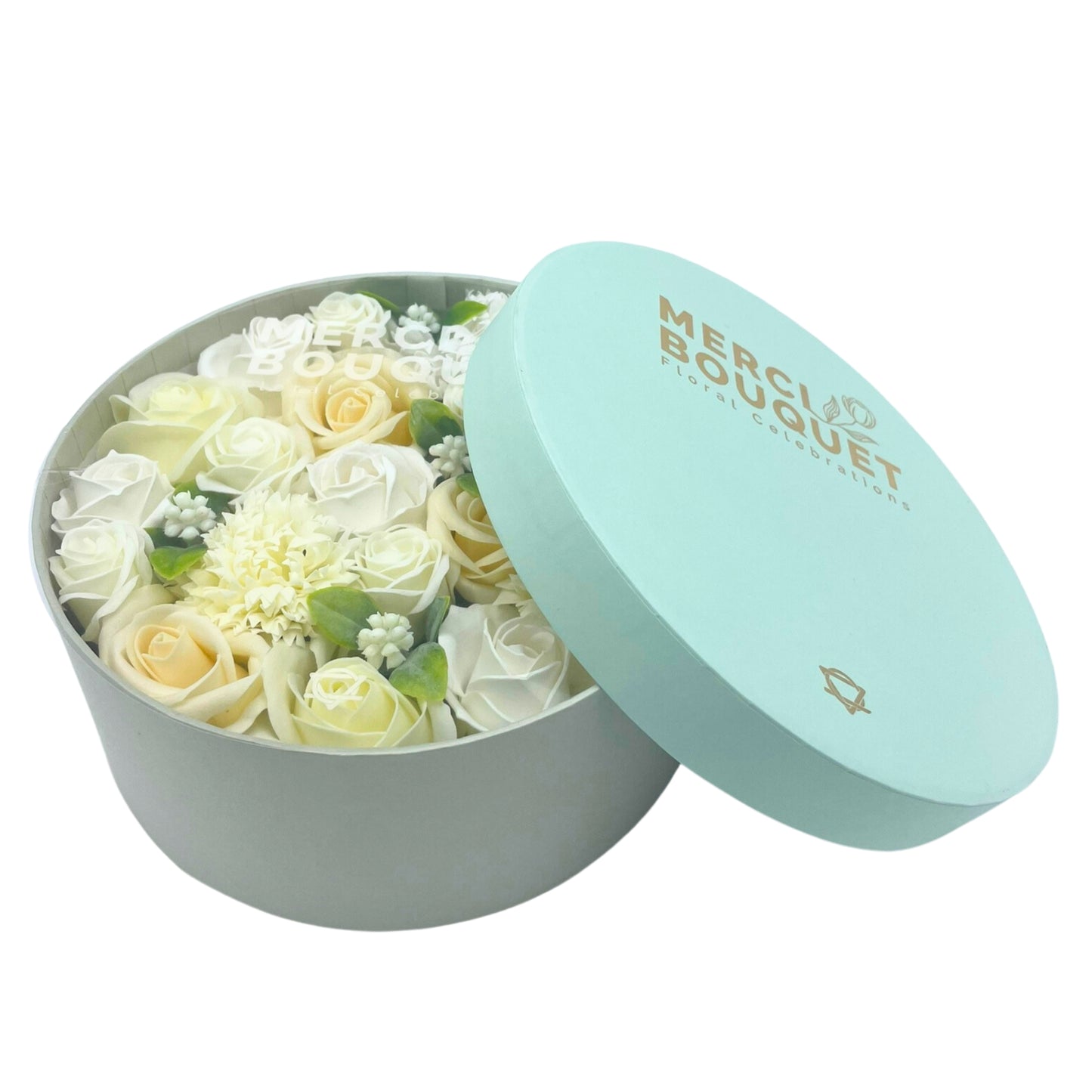 FLORES DE JABÓN BENDICIONES DE BODA - CAJA REDONDA BLANCO Y MARFIL