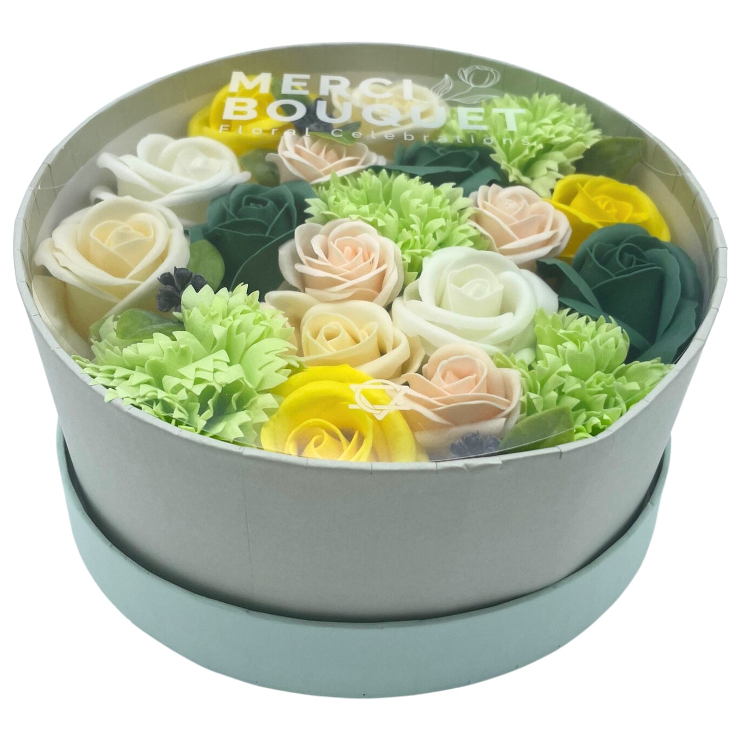 FLORES DE JABÓN - CAJA REDONDA AMARILLAS Y VERDES