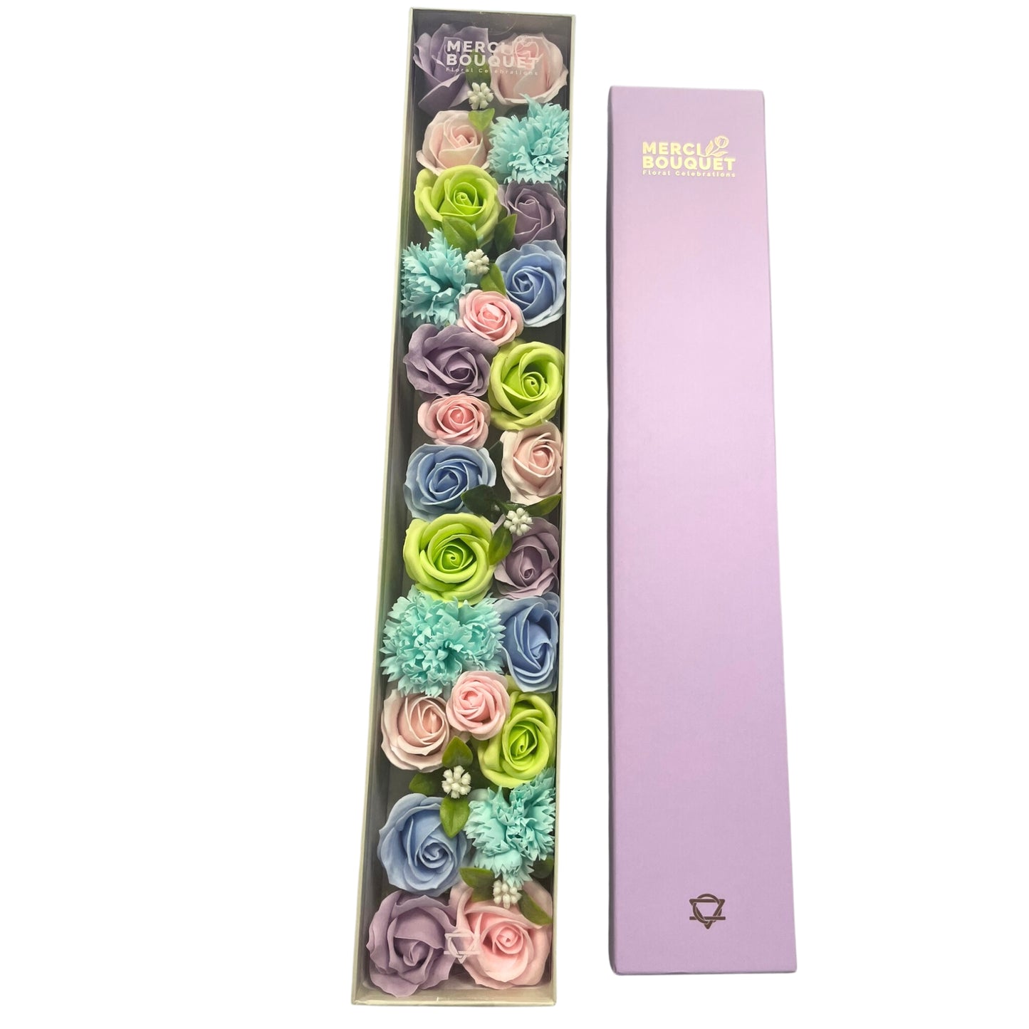 CAJA EXTRA LARGA DE FLORES DE JABÓN. BENDICIONES DE BEBÉ PASTEL