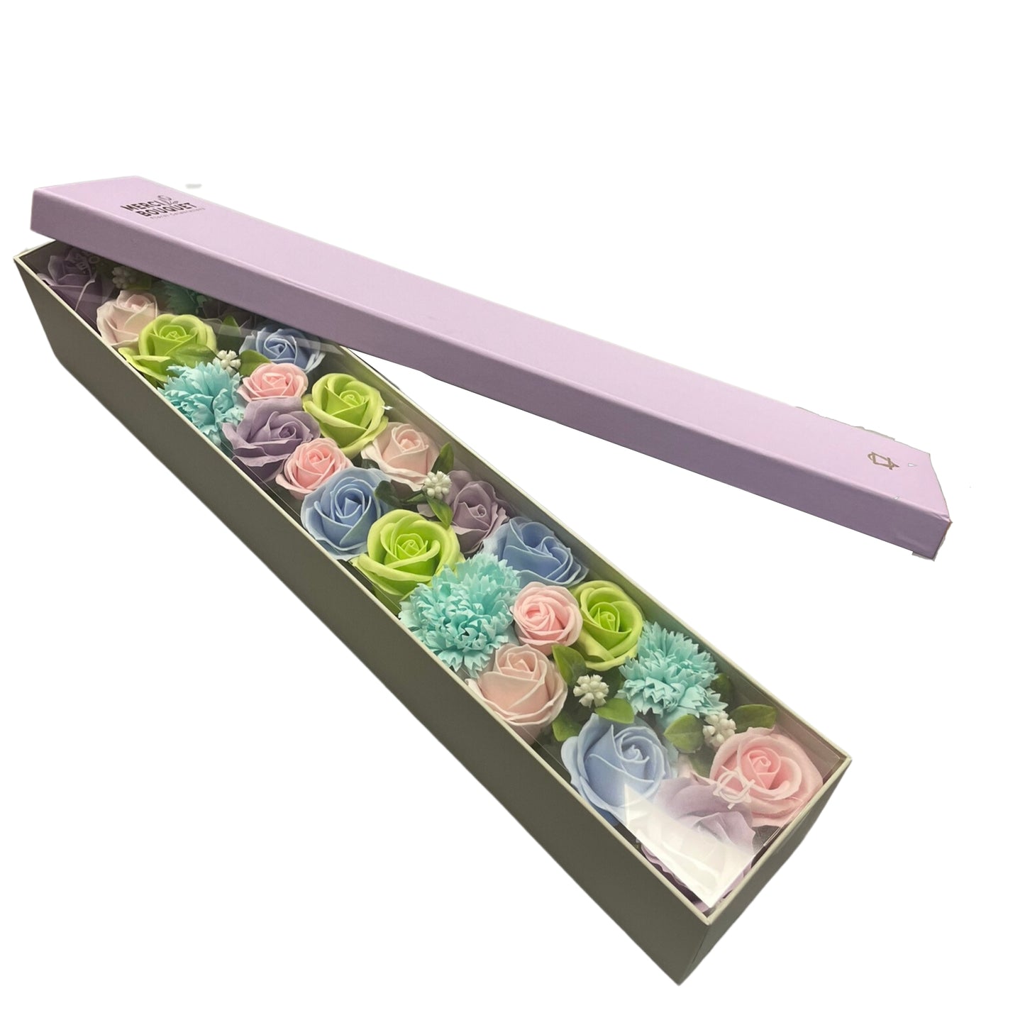 CAJA EXTRA LARGA DE FLORES DE JABÓN. BENDICIONES DE BEBÉ PASTEL