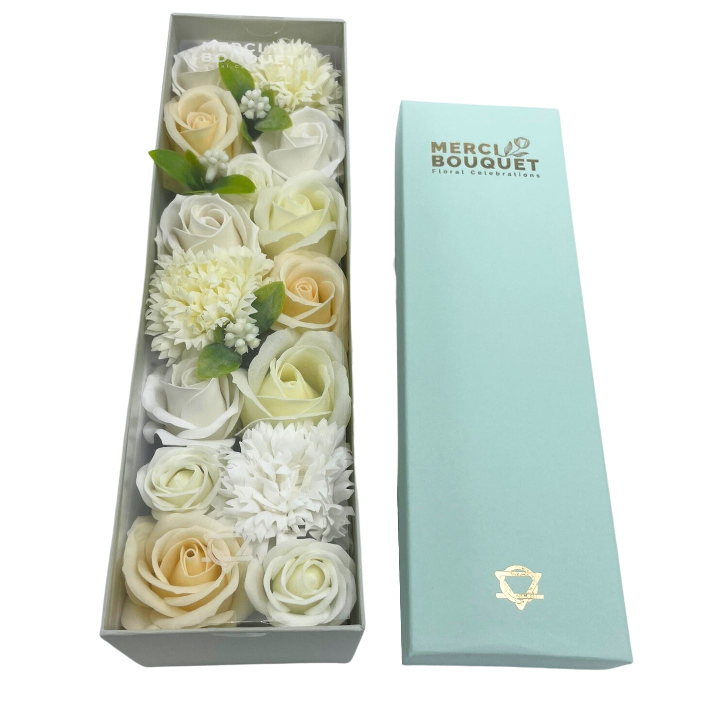 FLORES DE JABÓN - CAJA LARGA BENDICIONES DE BODA. BLANCA Y MARFIL