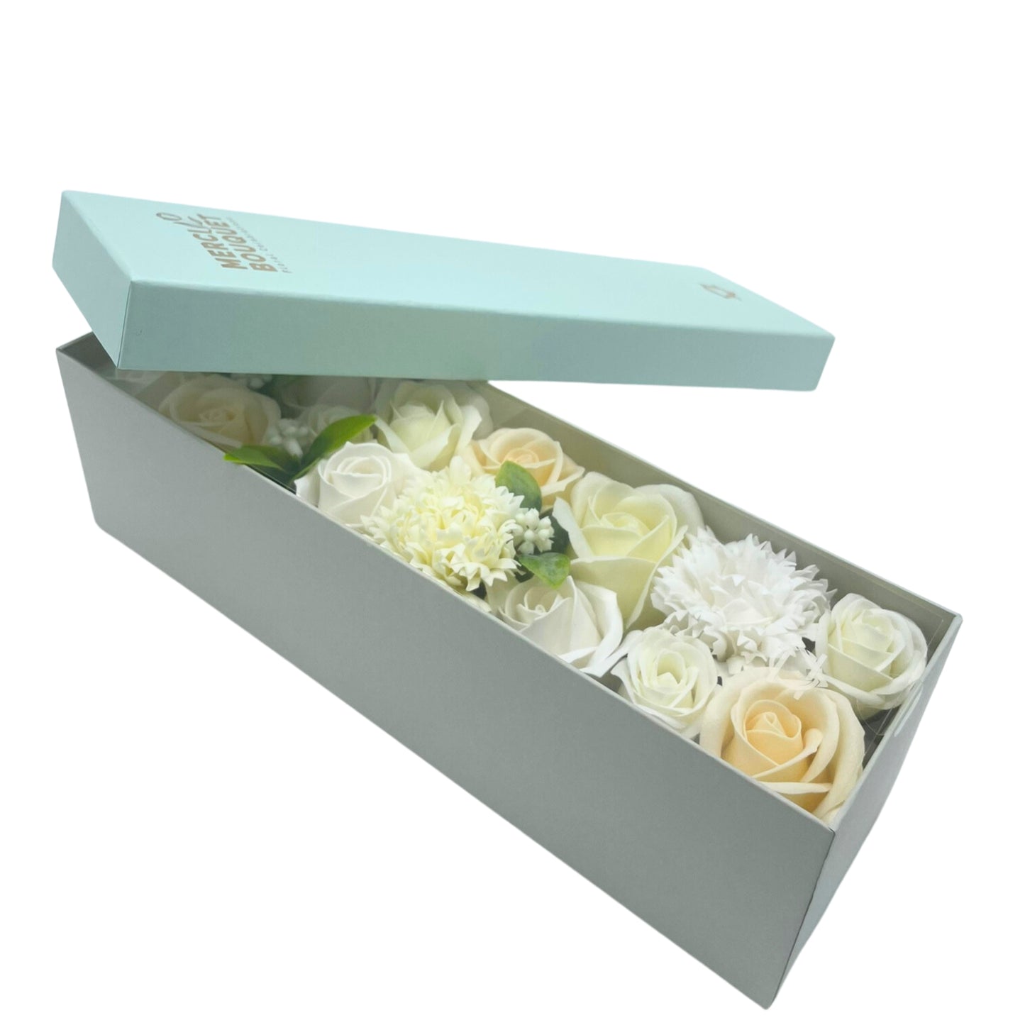 FLORES DE JABÓN - CAJA LARGA BENDICIONES DE BODA. BLANCA Y MARFIL
