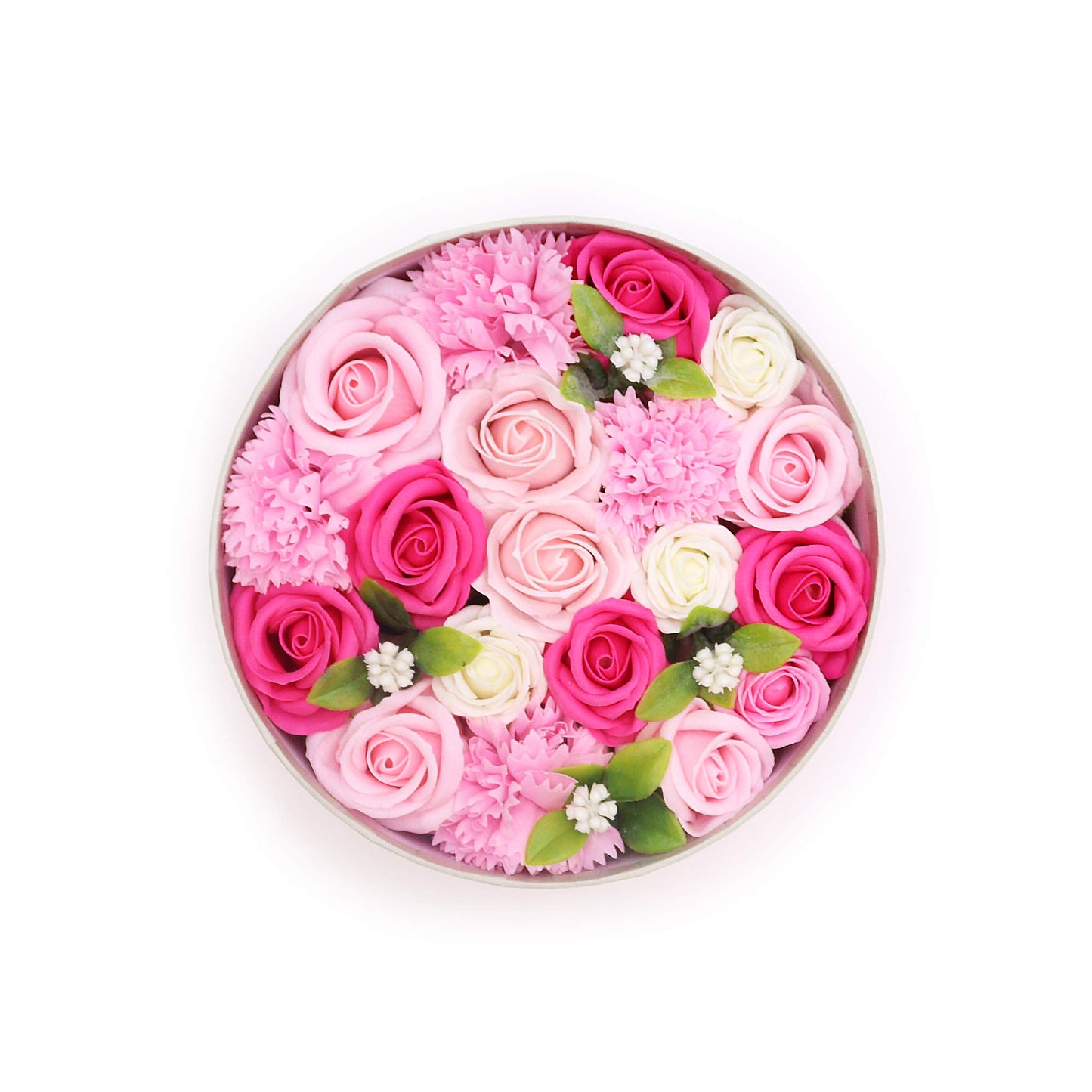 CAJA REDONDA DE BELLAS FLORES ROSAS DE JABÓN RAMO DE FLORES EN ESTUCHE DE REGALO