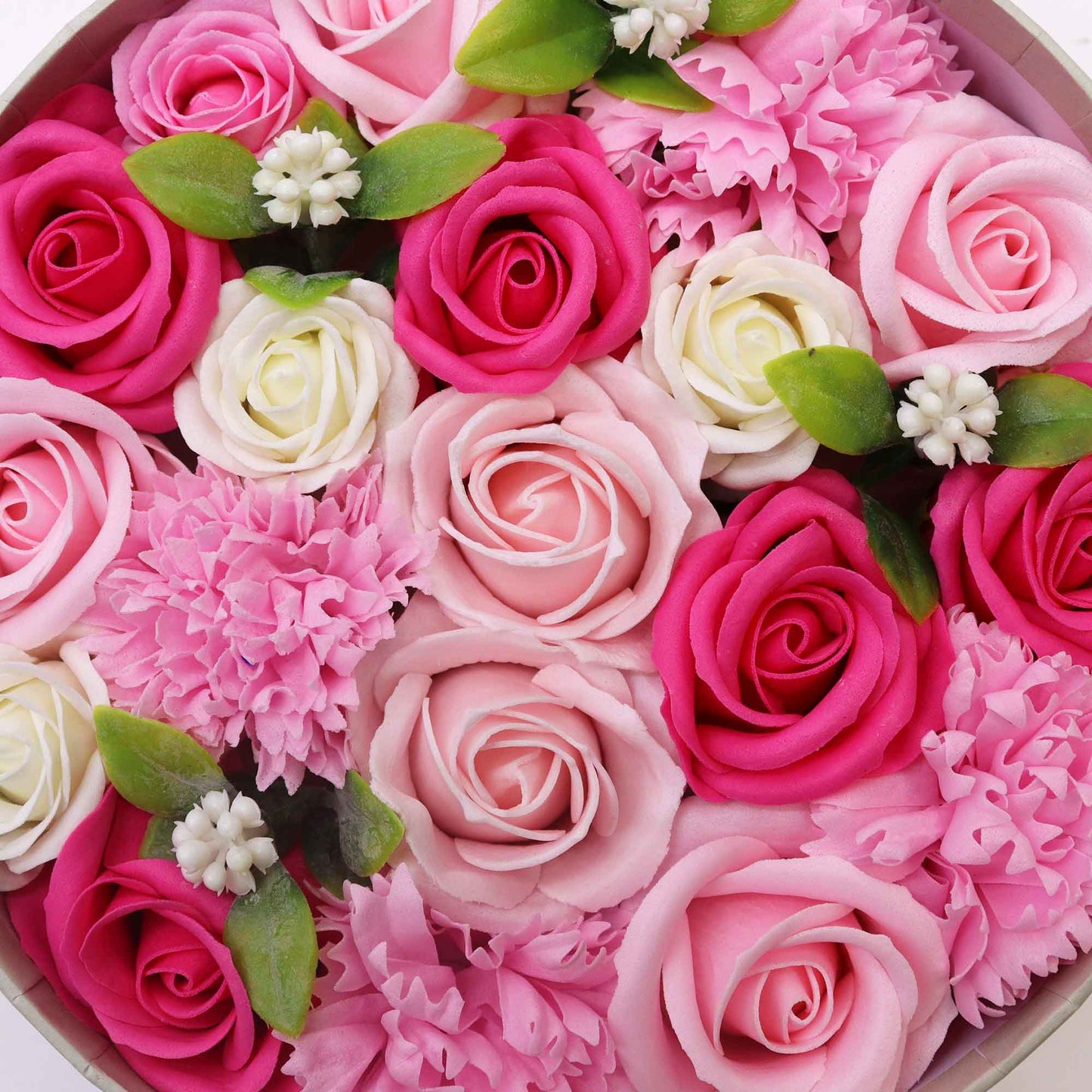 CAJA REDONDA DE BELLAS FLORES ROSAS DE JABÓN RAMO DE FLORES EN ESTUCHE DE REGALO