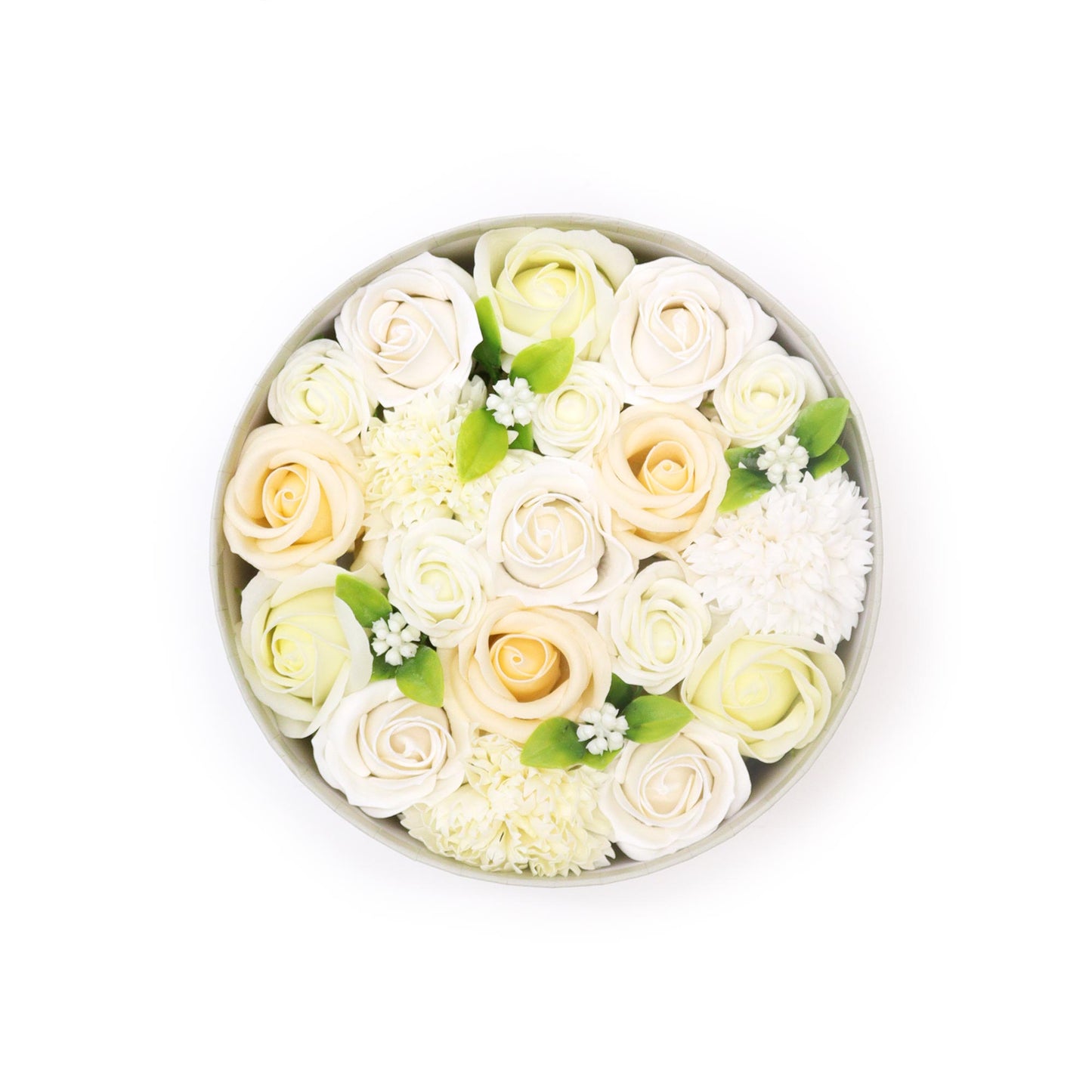 FLORES DE JABÓN BENDICIONES DE BODA - CAJA REDONDA BLANCO Y MARFIL
