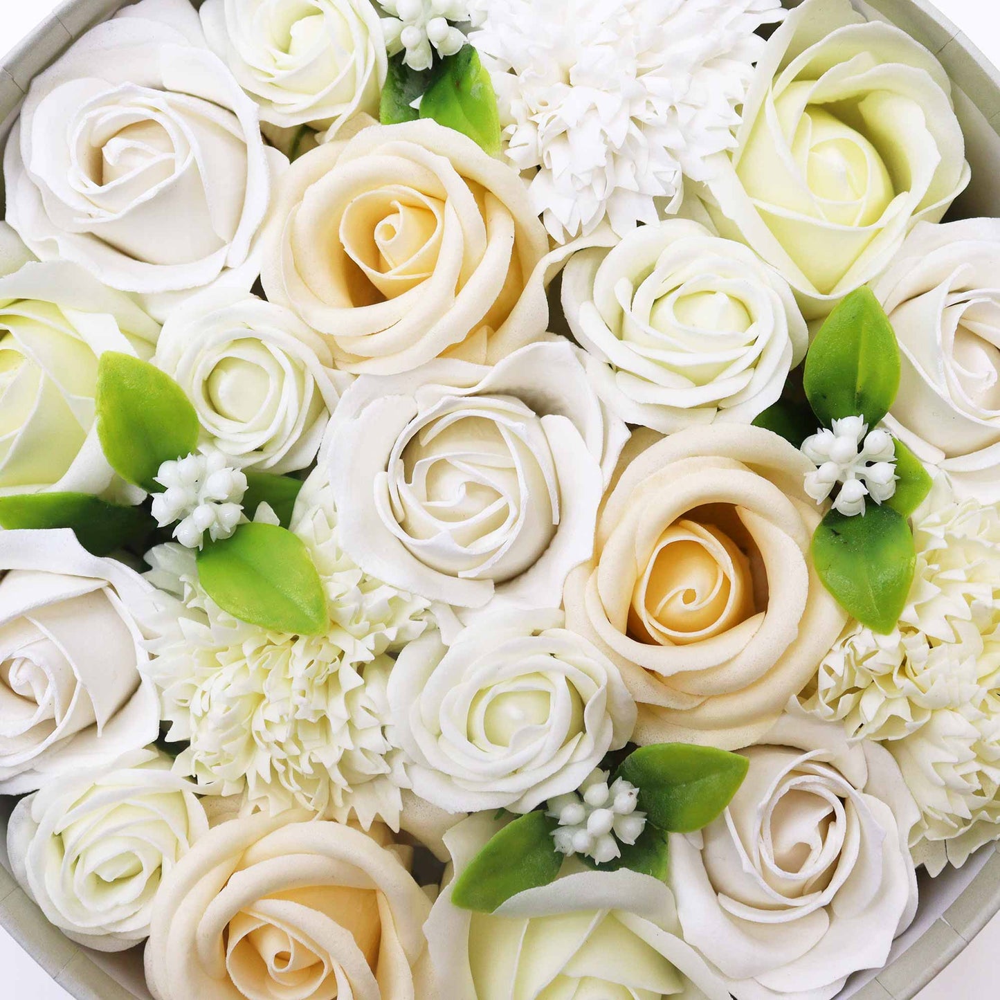 FLORES DE JABÓN BENDICIONES DE BODA - CAJA REDONDA BLANCO Y MARFIL