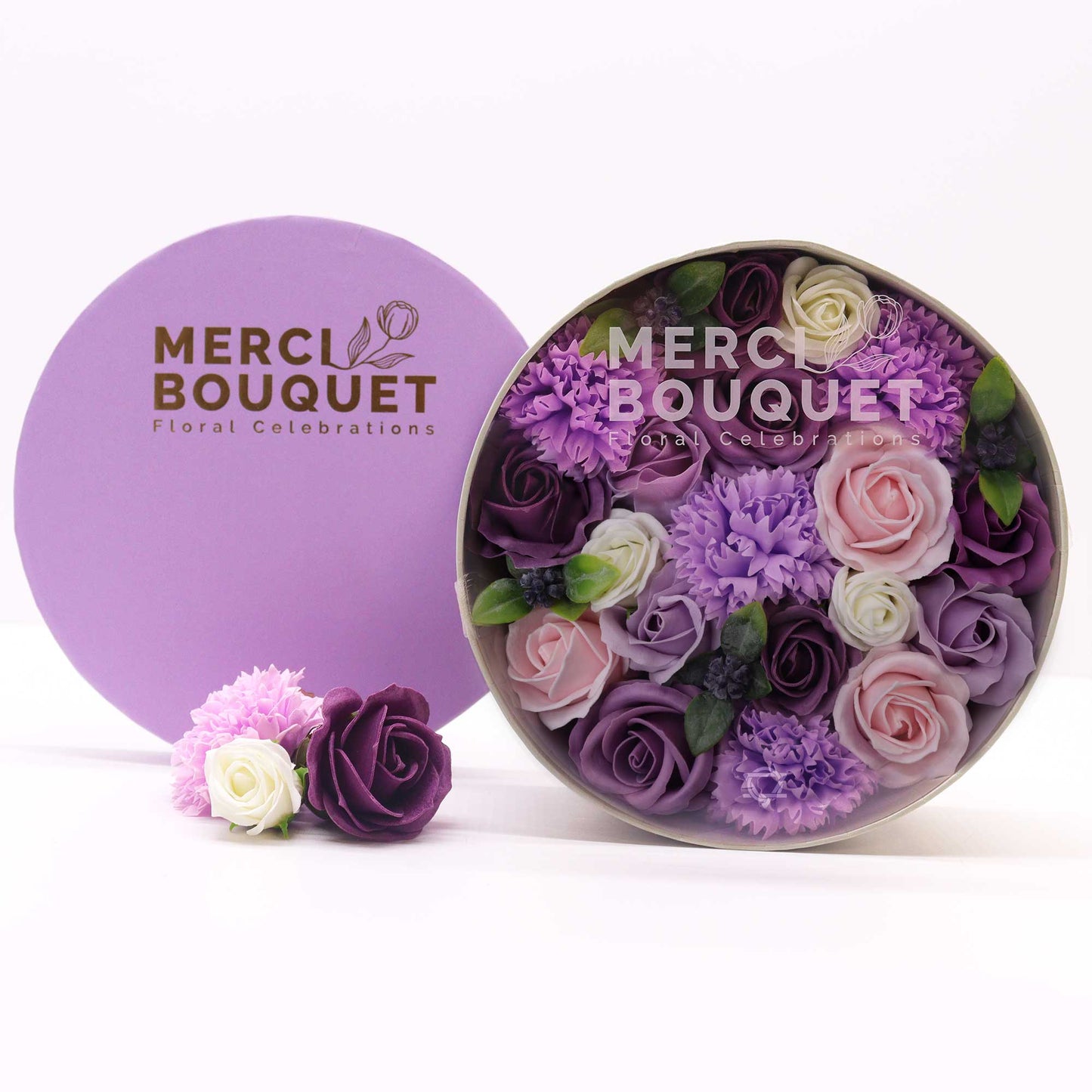 FLORES DE JABÓN - CAJA REDONDA ROSAS LAVANDA Y CLAVEL