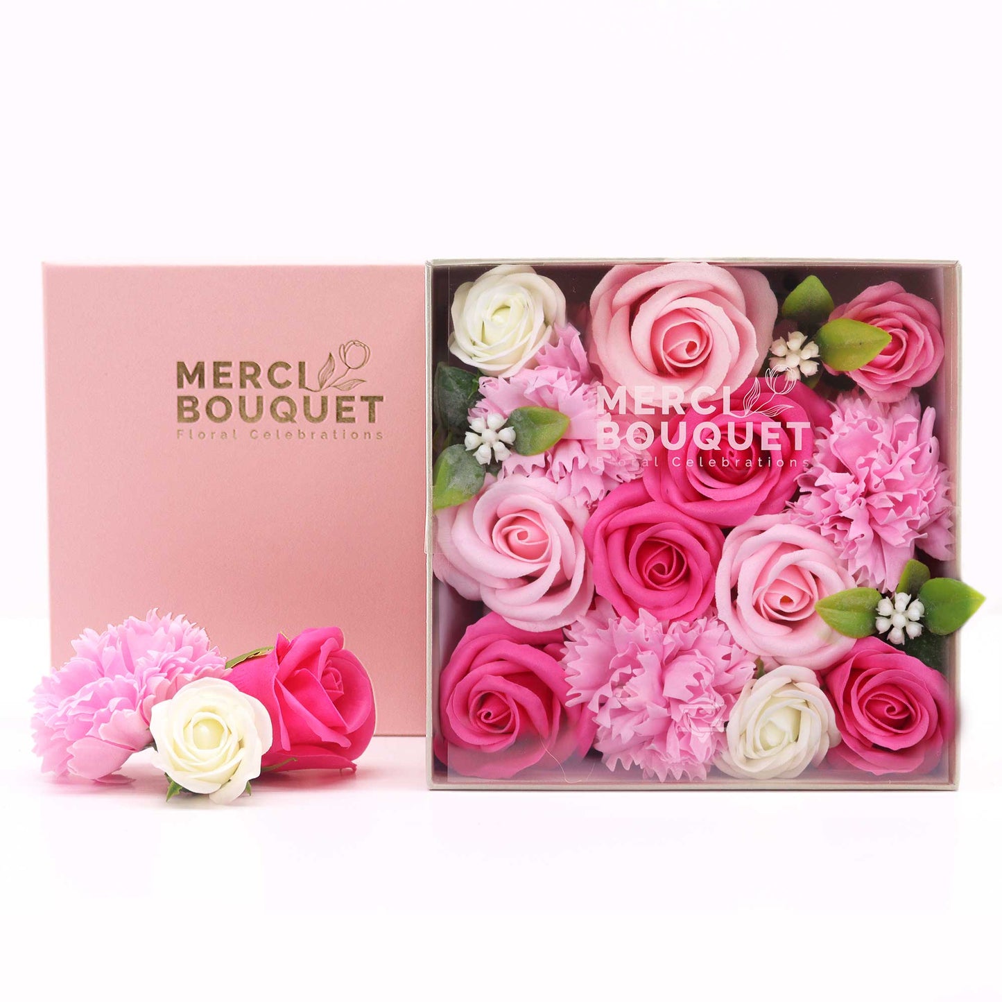 FLORES DE JABÓN - CAJA CUADRADA BENDICIONES DE BEBÉ ROSA