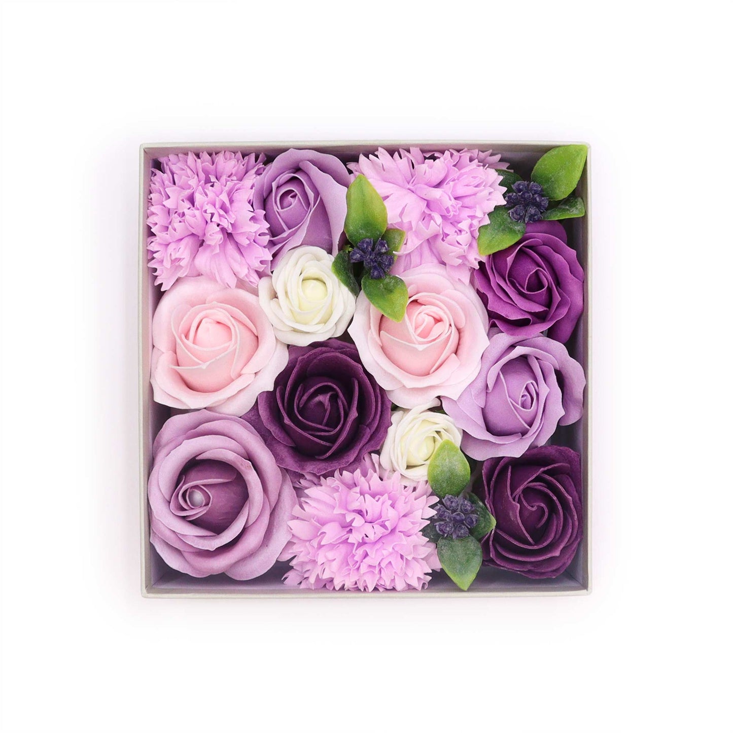 FLORES DE JABÓN - CAJA CUADRADA ROSAS LAVANDA Y CLAVEL