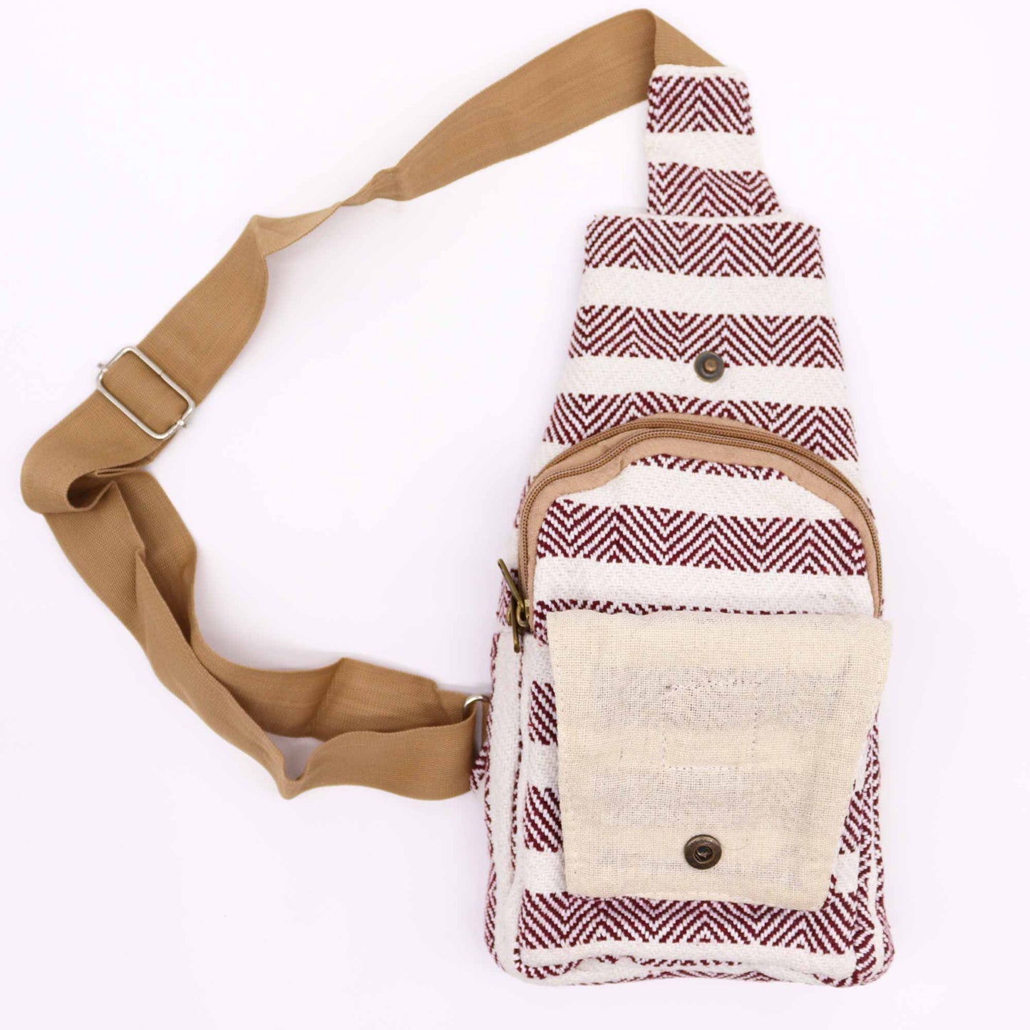 BOLSO BANDOLERA ALGODÓN NATURAL BURDEOS Y BLANCO