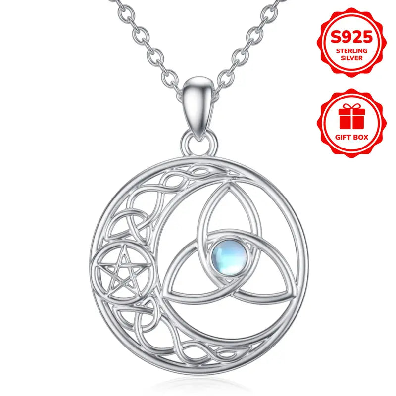 COLLAR CON DIJE DE NUDO DE BRUJA Y LUNA MAGICA CON PIEDRA LUNA INCRUSTADA