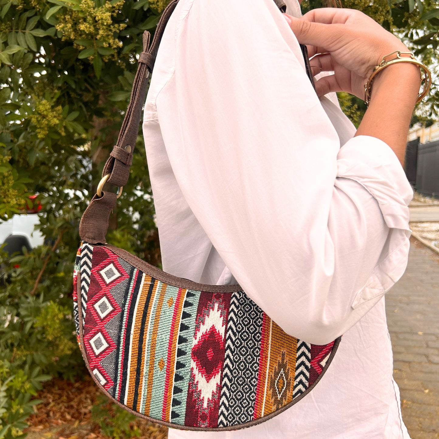 Bolso Hobo Jacquard - Marrones Intensos (correa marrón)