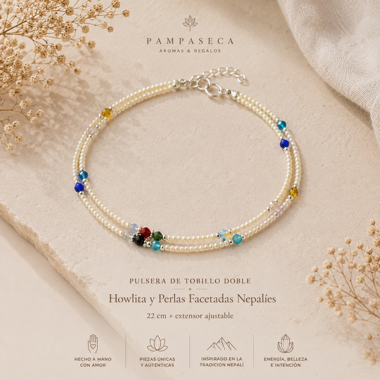 Pulsera de Tobillo Doble - Howlita y Perlas facetadas Nepalíes (22 cm)