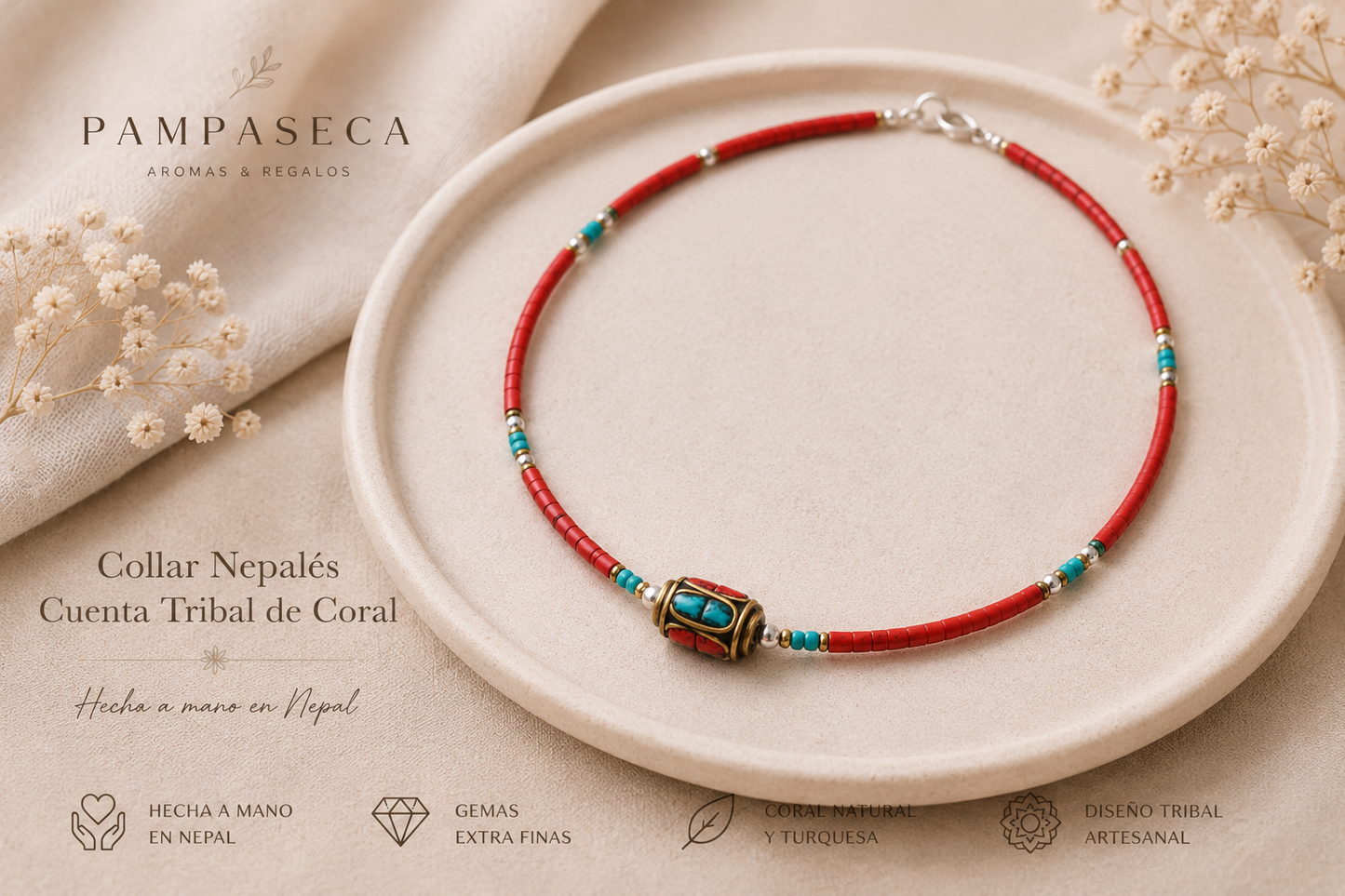 Collar Nepalés de Gemas Extra Finas - Cuenta Tribal de Coral