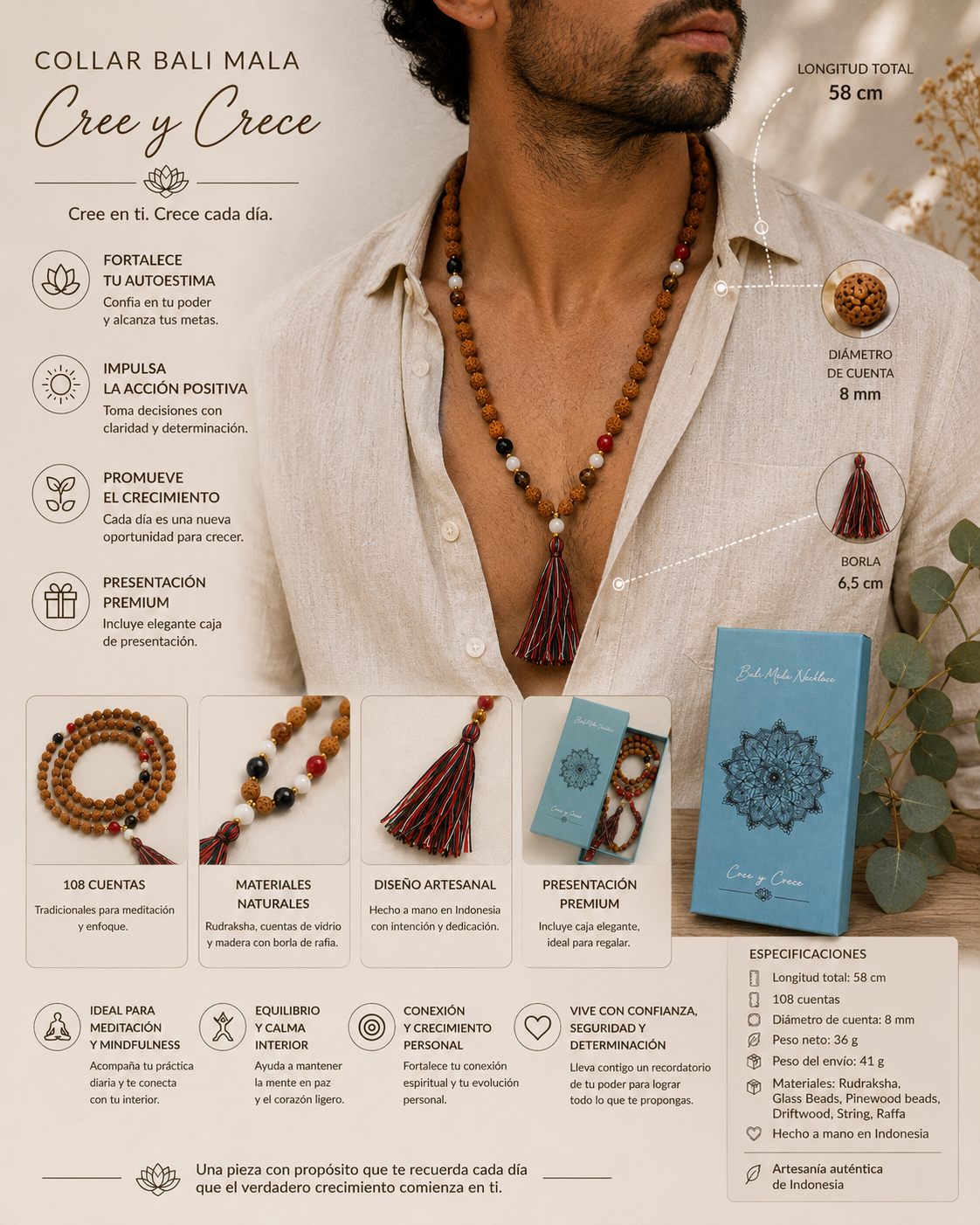 Collar Bali Mala Cree y Crece – Rudraksha y Crecimiento Personal