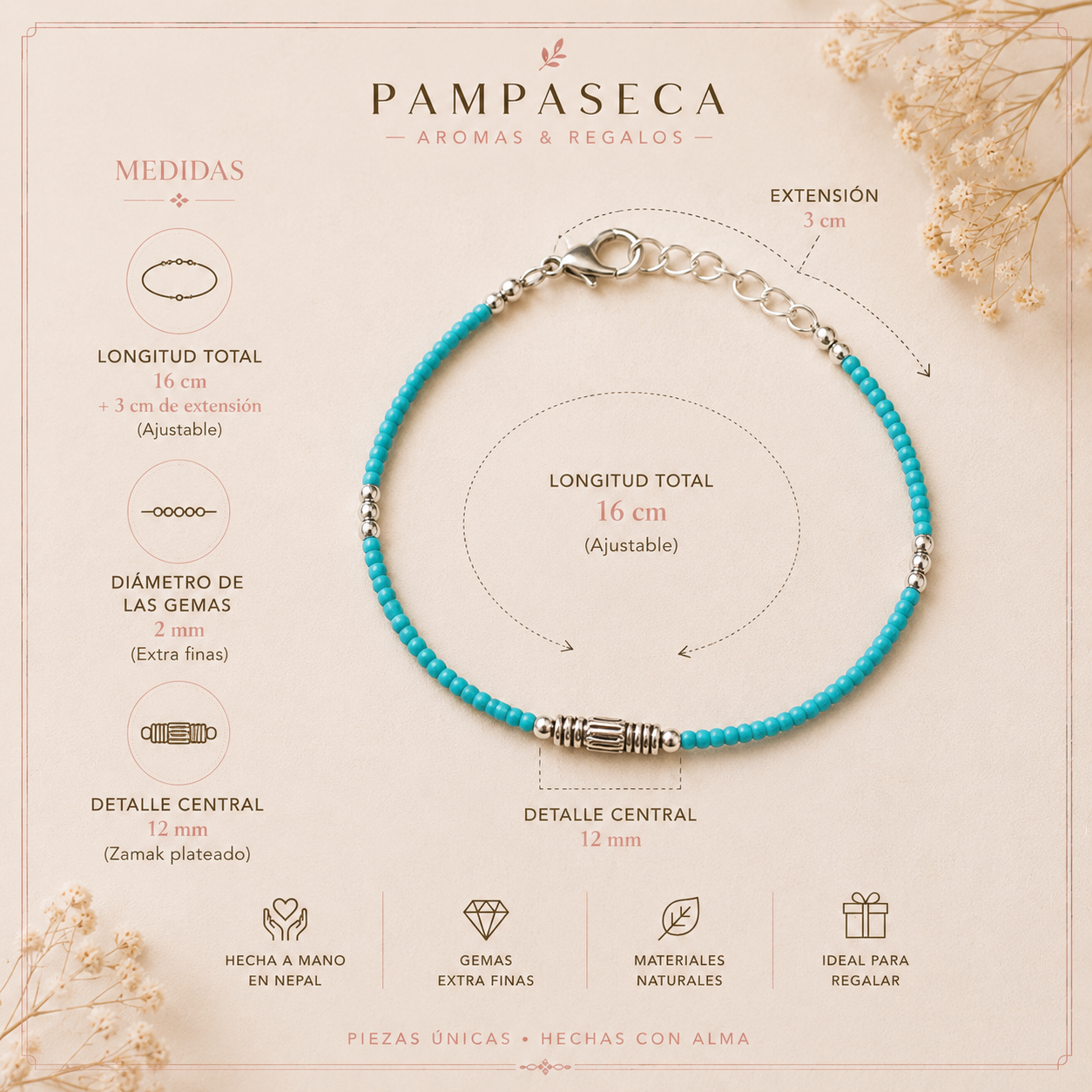 Pulsera Nepalí de Gemas Extra Finas – Turquesa y Gota