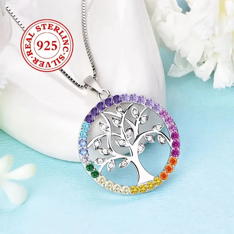 COLGANTE DE PLATA CON DIJE ÁRBOL DE LA VIDA Y GEMAS