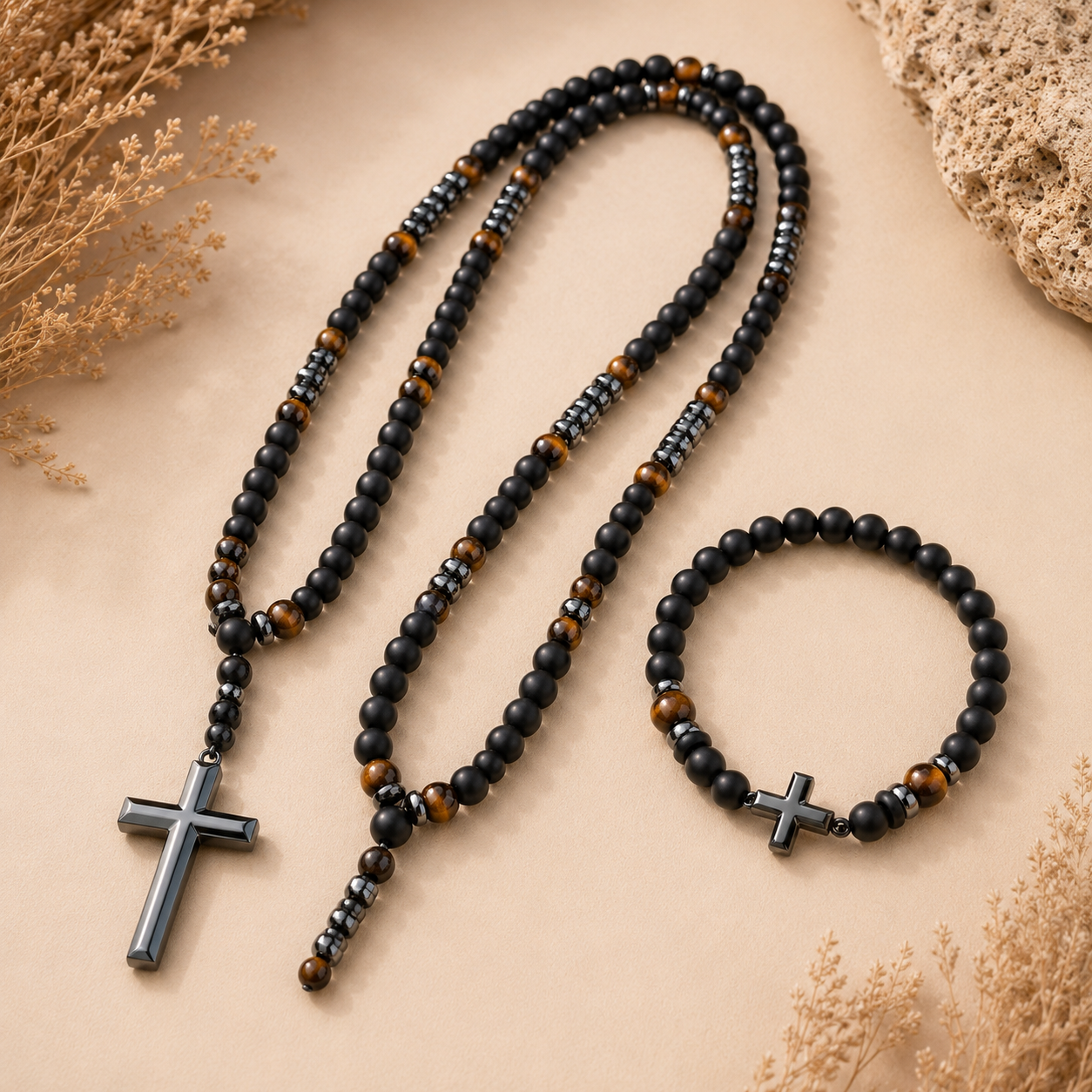 Collar y Pulsera de Obsidiana Natural con Cruz de Hematita