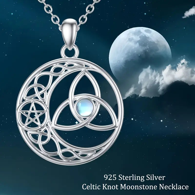 COLLAR CON DIJE DE NUDO DE BRUJA Y LUNA MAGICA CON PIEDRA LUNA INCRUSTADA