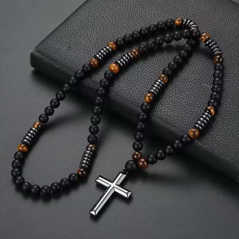 Collar Cruz de Hematita, Ónix Mate y Ojo de Tigre Protección & Fortaleza