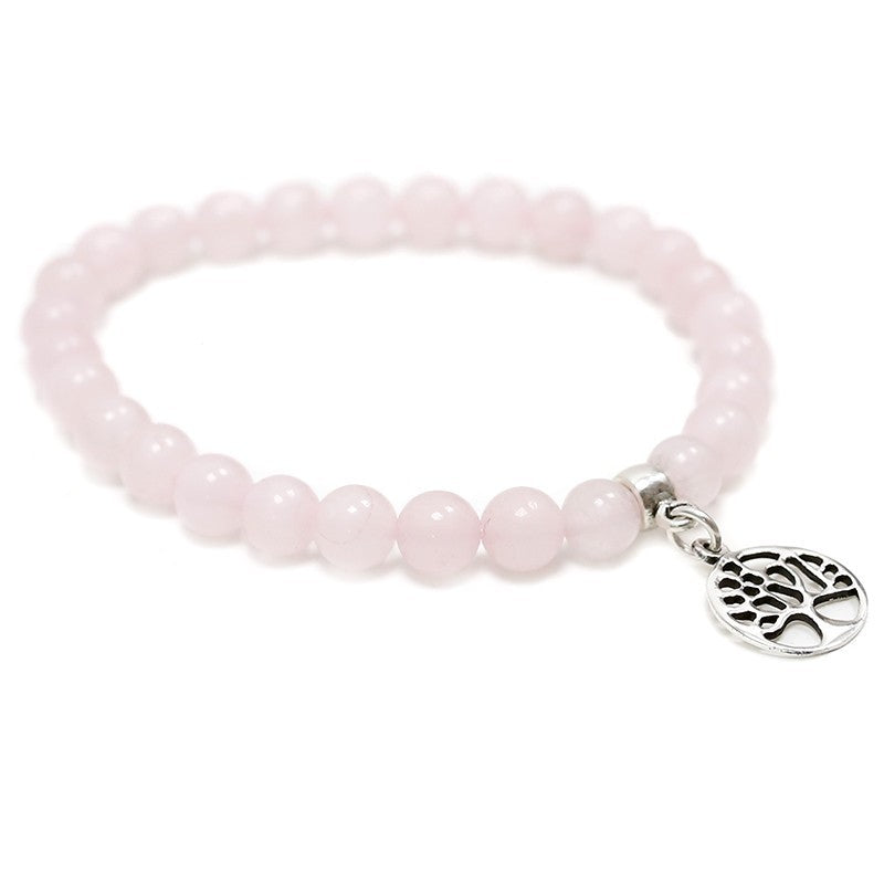 PULSERA DE CUENTAS DE CUARZO ROSA DE 6MM CON DIJES DE PLATA ARBOL DE LA VIDA
