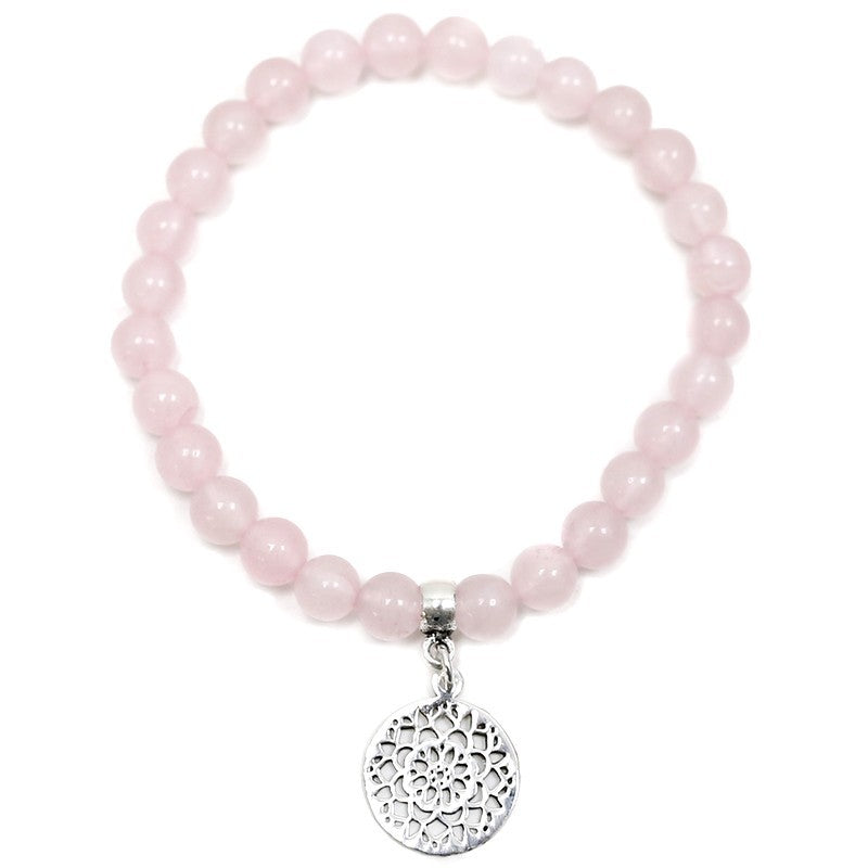PULSERA DE CUENTAS DE CUARZO ROSA DE 6MM CON DIJES DE PLATA MANDALA