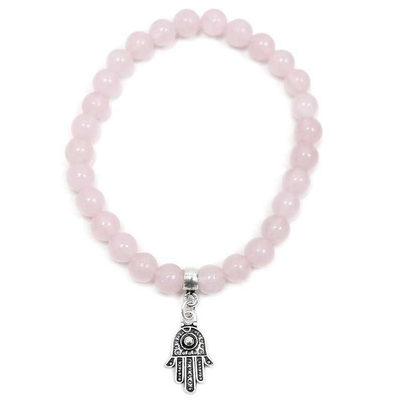 PULSERA DE CUENTAS DE CUARZO ROSA DE 6MM CON DIJES DE PLATA FÁTIMA