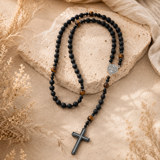 Rosario de San Benito en Piedra Volcánica, Ojo de Tigre y Cruz de Hematita