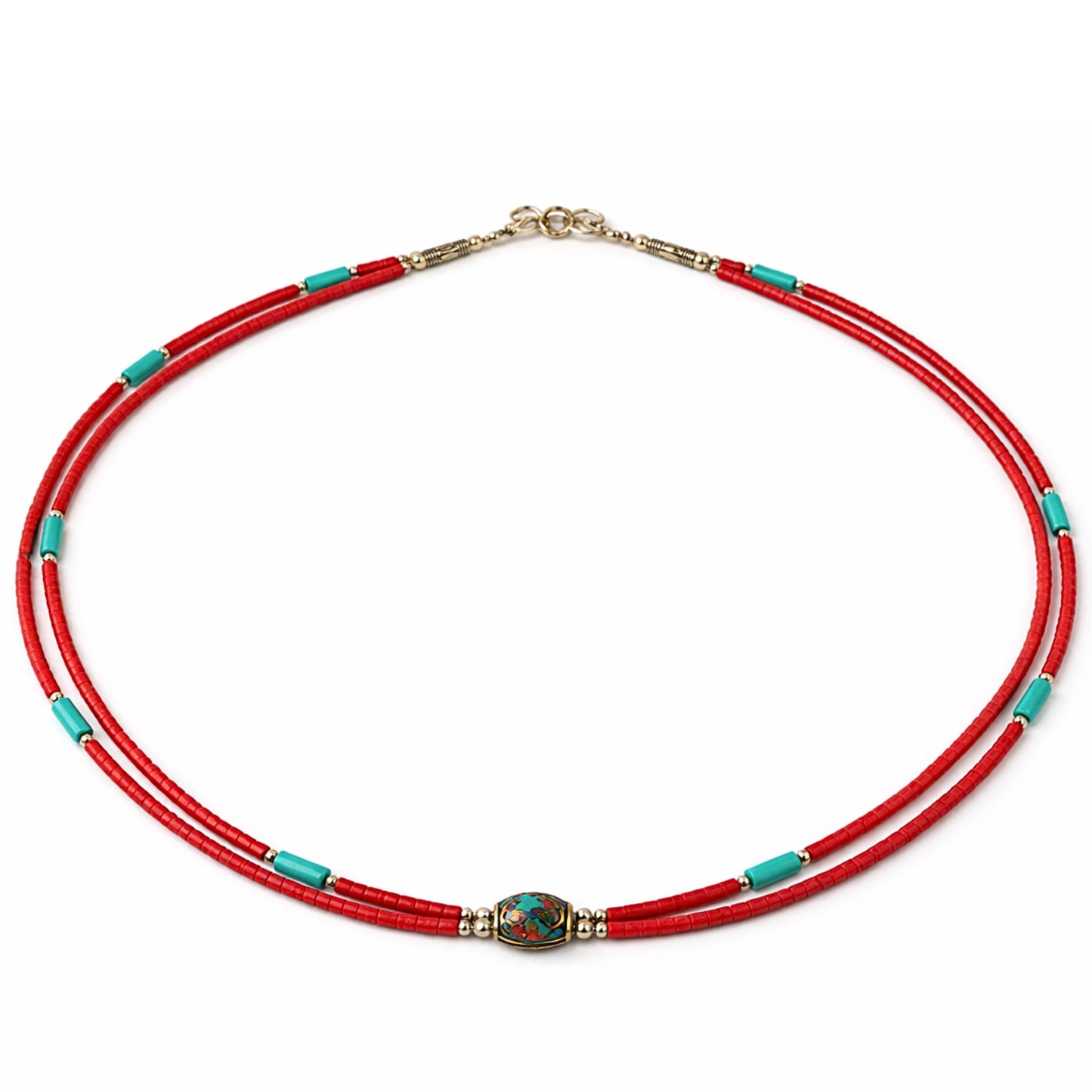 Collar Nepalés de Gemas Extra Finas de Dos Líneas - Colgante Coral y Turquesa