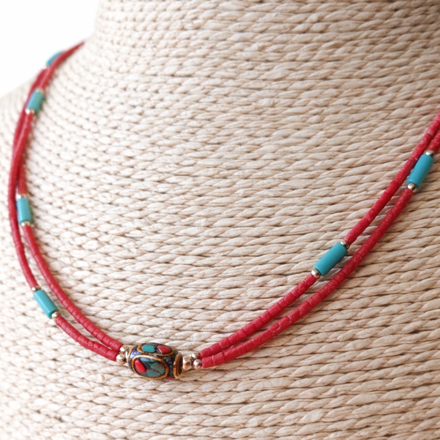Collar Nepalés de Gemas Extra Finas de Dos Líneas - Colgante Coral y Turquesa