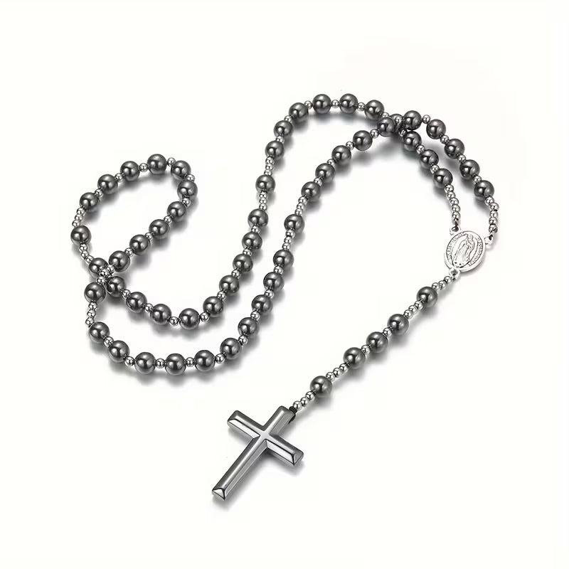 Rosario de Hematita Natural con Medalla de la Virgen Milagrosa y Cruz de Hematita