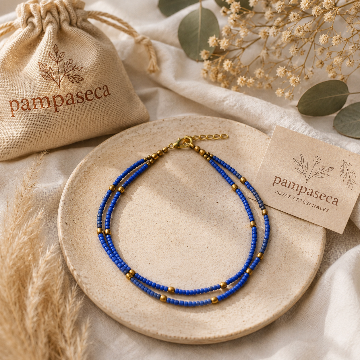 Pulsera de Tobillo Doble - Lapislázuli y Perlas de latón Nepalíes (22 cm)