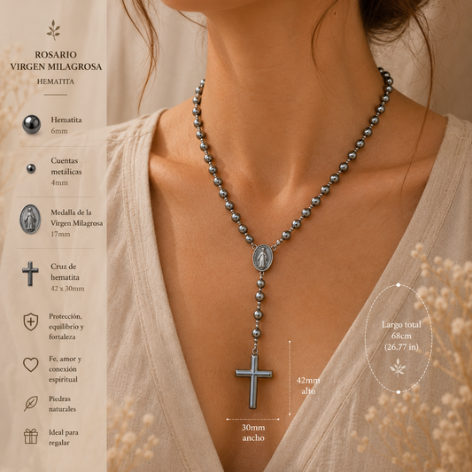 Rosario de Hematita Natural con Medalla de la Virgen Milagrosa y Cruz de Hematita