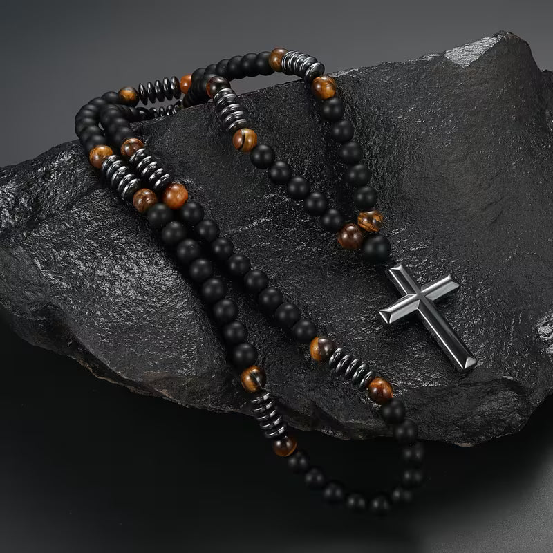 Collar Cruz de Hematita, Ónix Mate y Ojo de Tigre Protección & Fortaleza