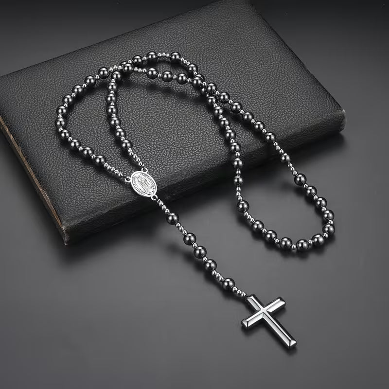 Rosario de Hematita Natural con Medalla de la Virgen Milagrosa y Cruz de Hematita