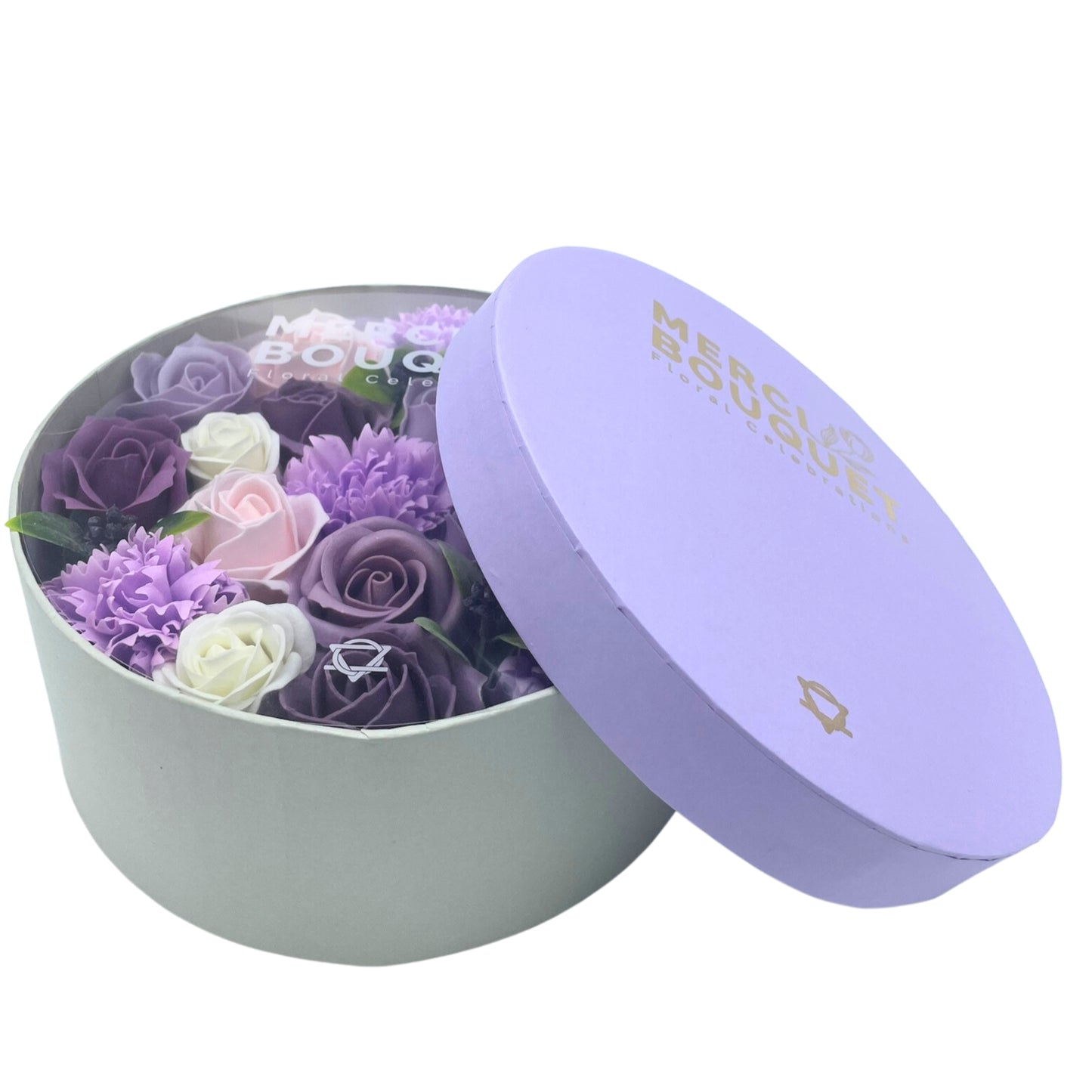 FLORES DE JABÓN  - CAJA REDONDA ROSAS LAVANDA Y CLAVEL