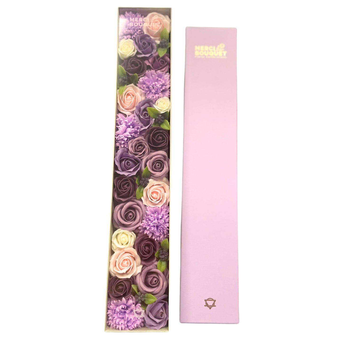 CAJA EXTRA LARGA DE FLORES DE JABÓN. ROSAS LAVANDA Y CLAVEL