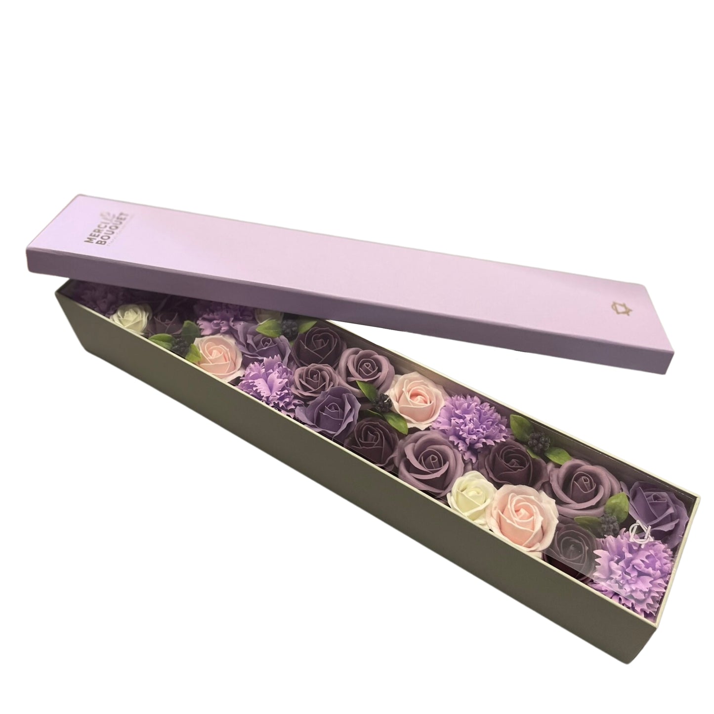 CAJA EXTRA LARGA DE FLORES DE JABÓN. ROSAS LAVANDA Y CLAVEL