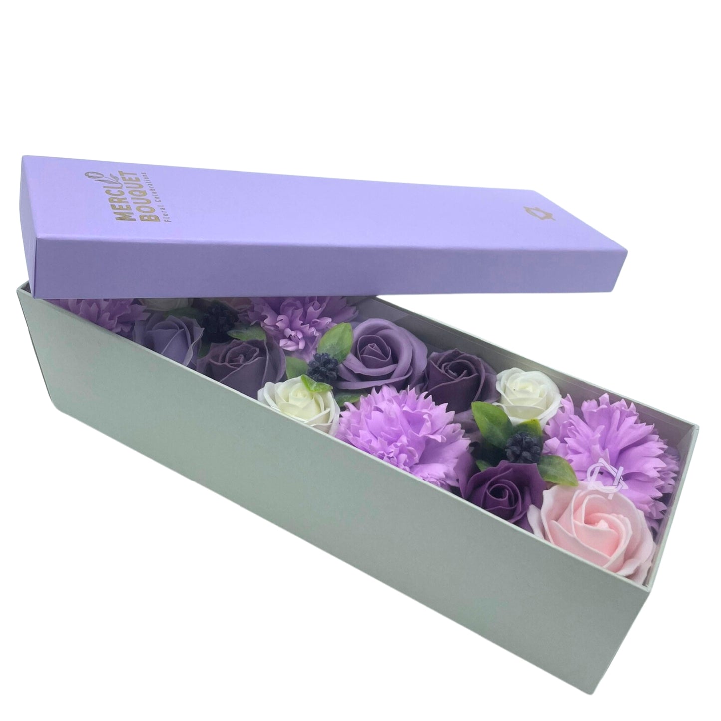 CAJA LARGA DE FLORES DE JABÓN. ROSAS LAVANDA Y CLAVEL