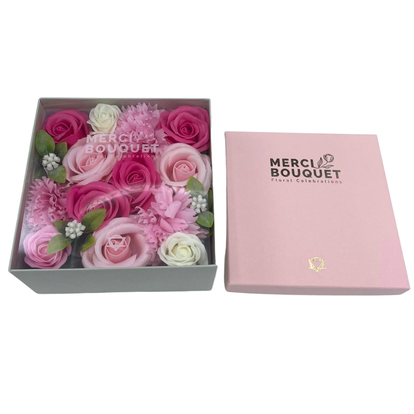 FLORES DE JABÓN  - CAJA CUADRADA BENDICIONES DE BEBÉ ROSA