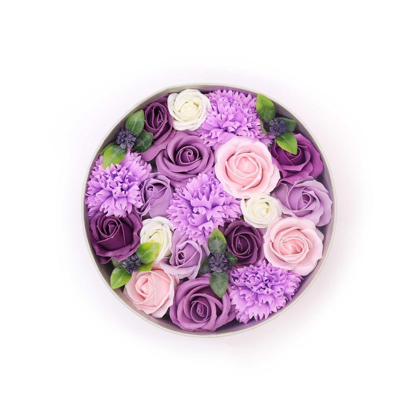 FLORES DE JABÓN  - CAJA REDONDA ROSAS LAVANDA Y CLAVEL