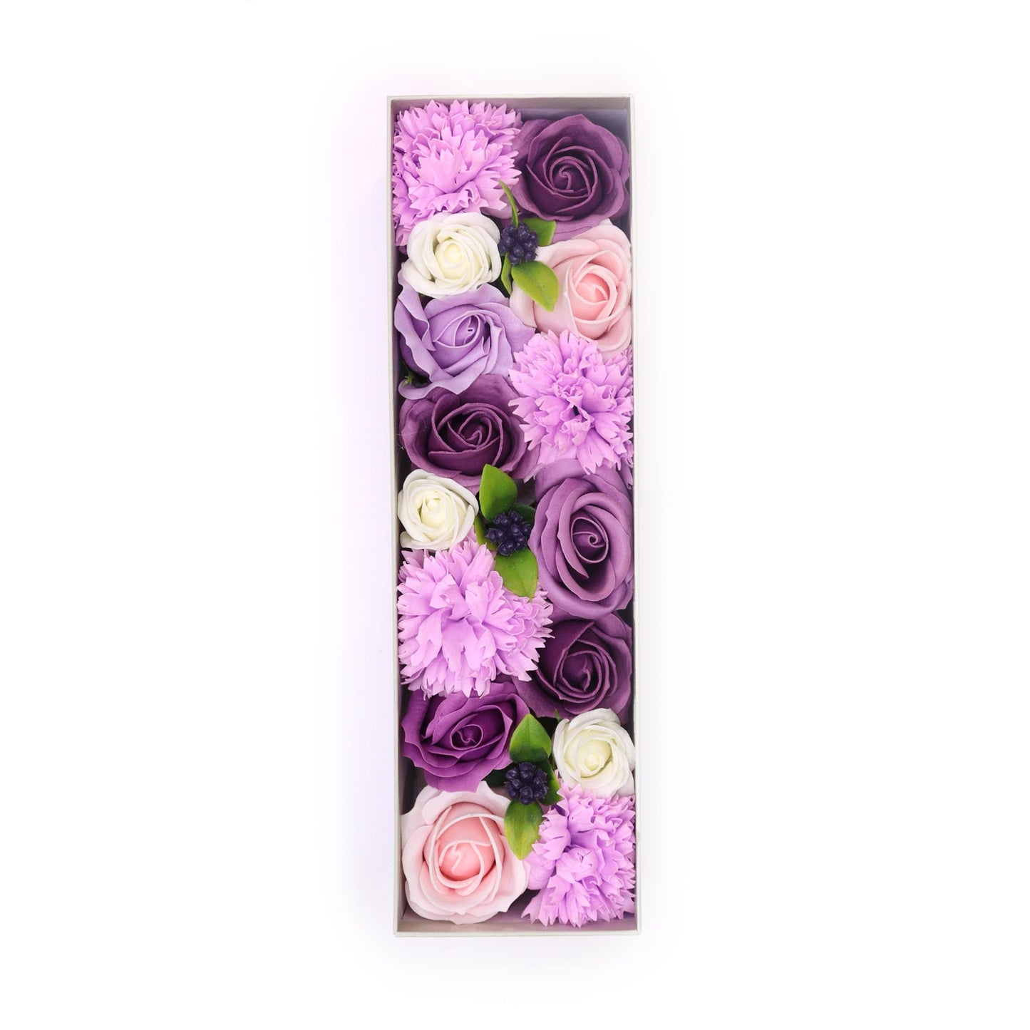 CAJA LARGA DE FLORES DE JABÓN. ROSAS LAVANDA Y CLAVEL