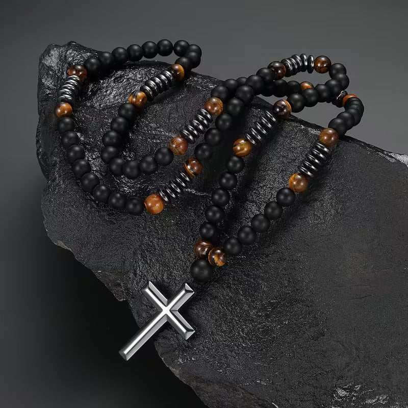 Collar Cruz de Hematita, Ónix Mate y Ojo de Tigre Protección & Fortaleza