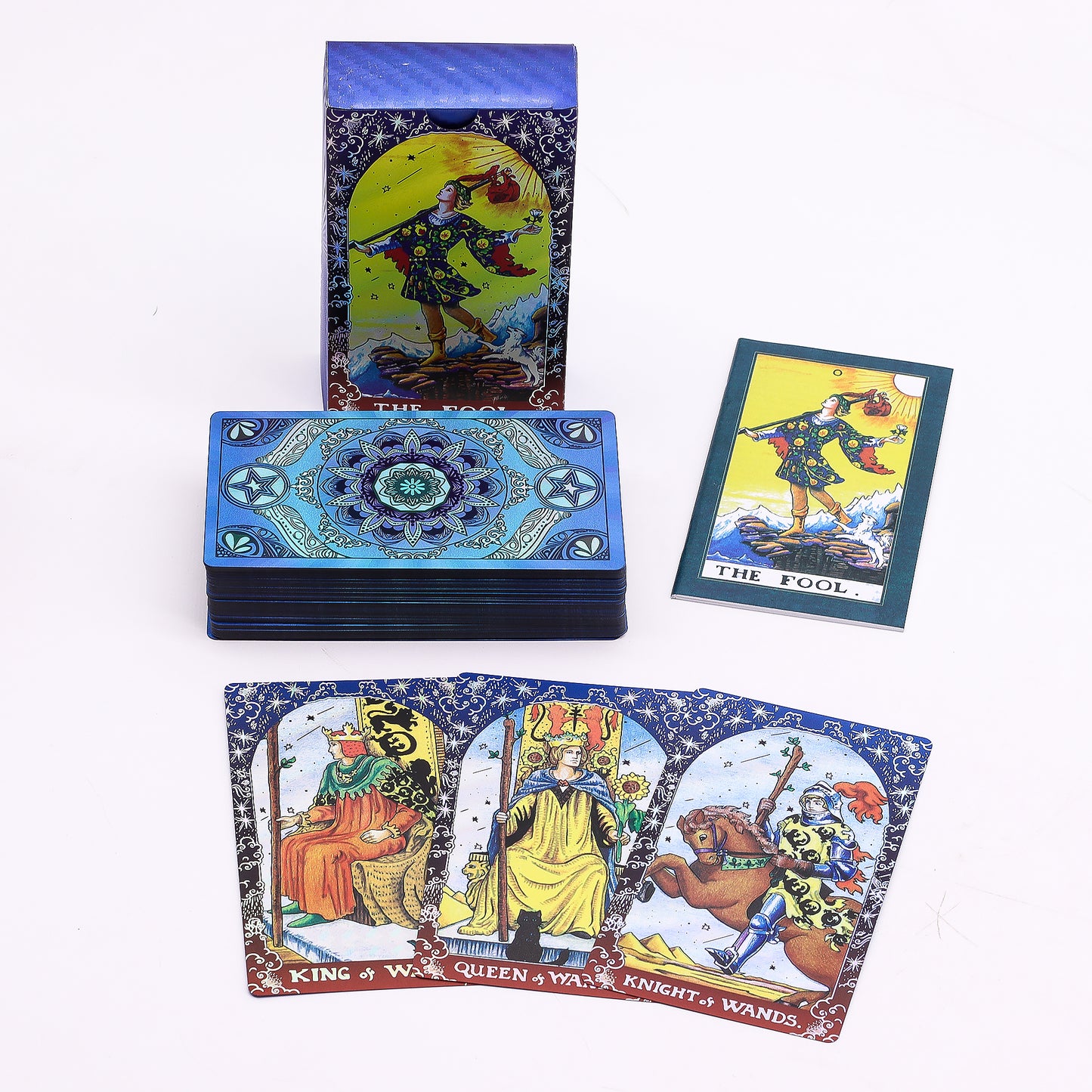 Cartas de tarot azul con lámina de oro · Mandala y folleto