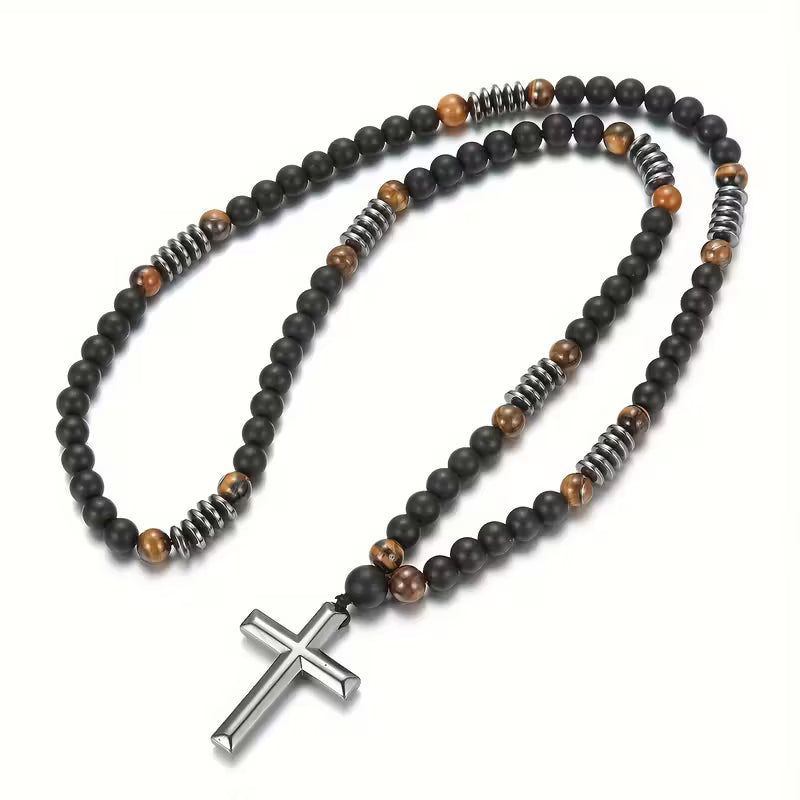 Collar Cruz de Hematita, Ónix Mate y Ojo de Tigre Protección & Fortaleza