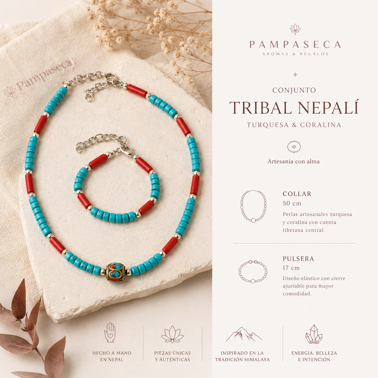 Conjunto Tribal Nepalí Turquesa y Coral  Collar 50 cm + Pulsera 17 cm