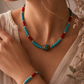 Conjunto Tribal Nepalí Turquesa y Coral  Collar 50 cm + Pulsera 17 cm